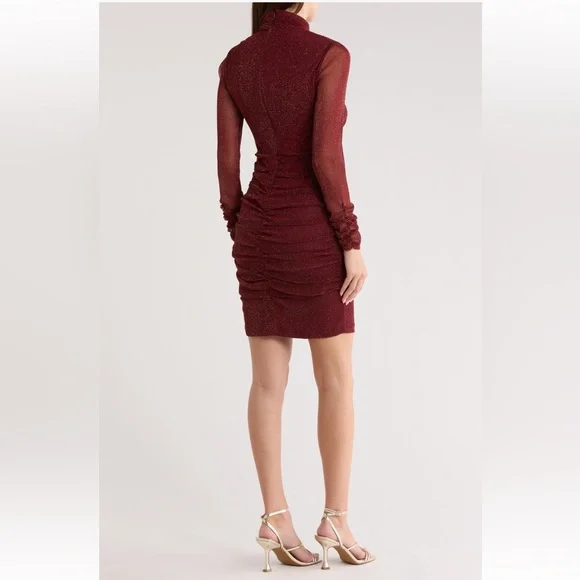 Eliza J Burgundy Mock Neck Ruched Long Sleeve Mesh Body-Con NWT - Picture 2 of 2